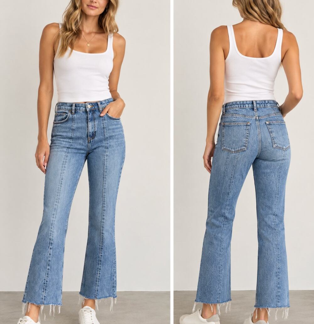 Zara High Rise Front Seam Flare Jeans Raw Hem Light Wash Size 31